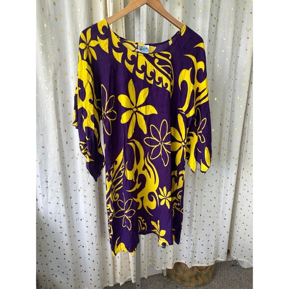 Hula Bay Purple Yellow Hawaiian Floral Tiare Waterfall Bell Sleeves Mini Dress M - Picture 2 of 5